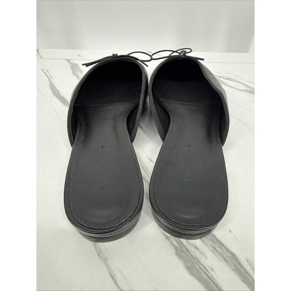 Everlane The Ballet Mule Leather Square Toe Bow Flat Slides Shoes Black Womens 8